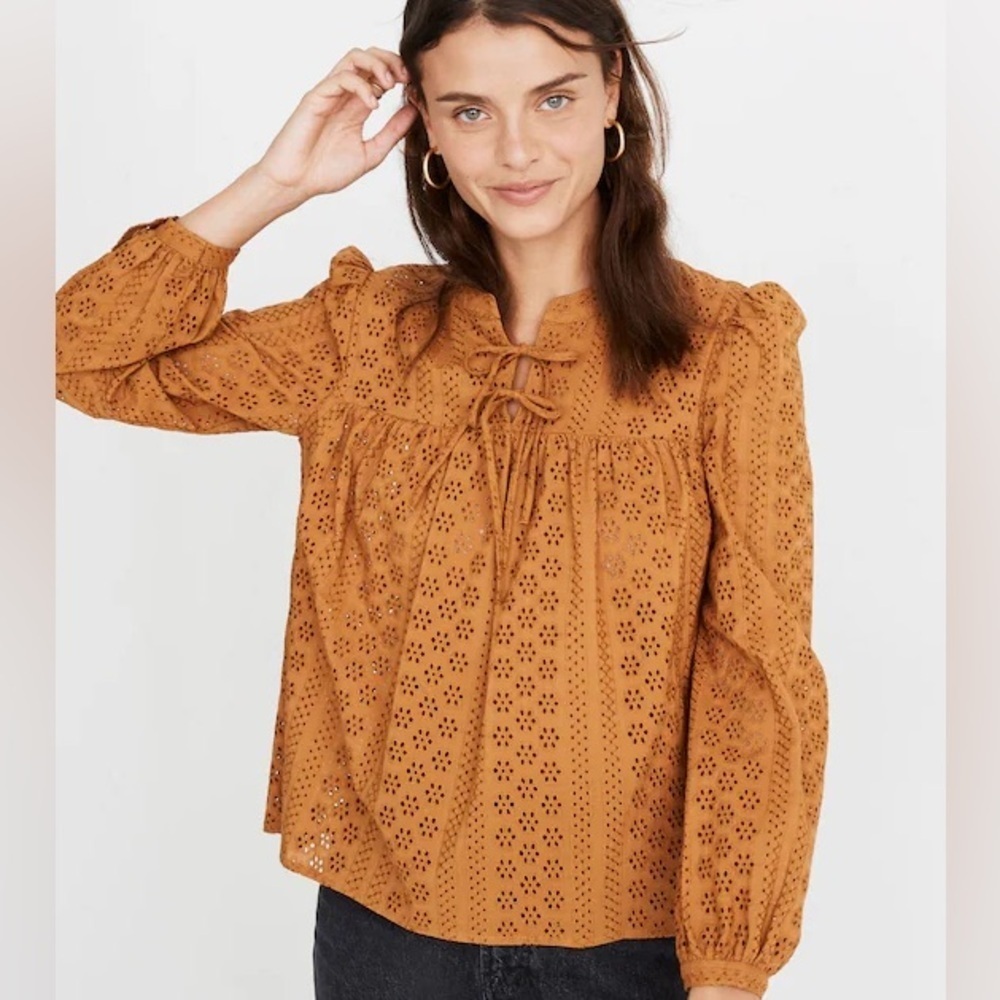 Madewell Carrot Cake Eyelet Double-Tie Peasant Top